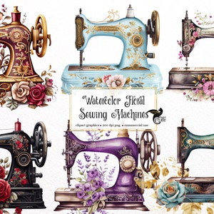 Watercolor Floral Sewing Machines Clipart - vintage floral shabby PNG format instant download for commercial use