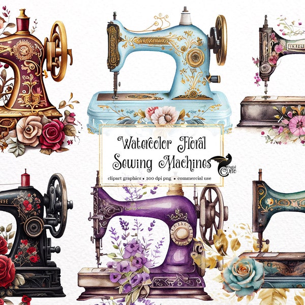 Watercolor Floral Sewing Machines Clipart - vintage floral shabby PNG format instant download for commercial use