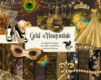 Gold Masquerade Digital Scrapbook Kit, gold Mardi Gras clipart and digital paper masquerade clip art graphics instant download