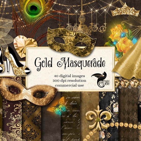 Gold Masquerade Digital Scrapbook Kit, gold Mardi Gras clipart and digital paper masquerade clip art graphics instant download