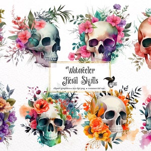 Może przedstawiać: Grafika clipart z czaszkami kwiatowymi w akwareli. Czaszki są otoczone kolorowymi kwiatami i liśćmi. Tekst "Watercolor Floral Skulls" znajduje się w g&oacute;rnej części obrazu.