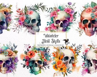May include: Watercolor floral skull clip art graphics.  The skulls are surrounded by colorful flowers and leaves.  The text "Watercolor Floral Skulls" is at the top of the image.