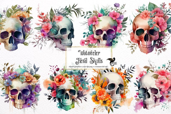 Watercolor Floral Skulls Clipart – Flower Skull PNG (Digital Download)