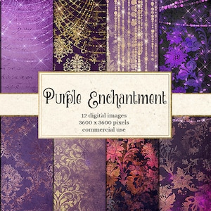 Purple Enchantment Digital Paper, fairy lights backgrounds, peacock vintage textures, fantasy digital paper, gothic damask scrapbooking