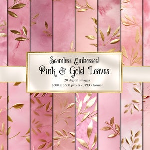 Papel digital com folhas rosa e douradas em relevo, papel digital de parede de fantasia rústica sem costura para impressão, fundo de gesso para scrapbook