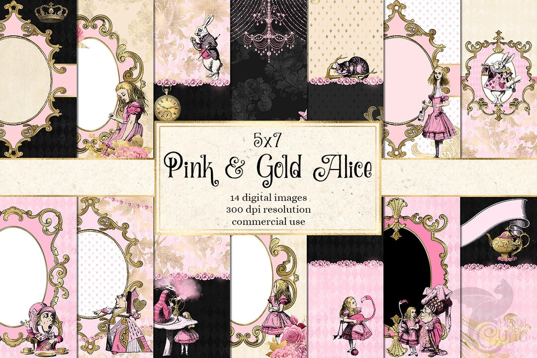 5x7 Pink and Gold Alice Backgrounds, Vintage Alice's Adventures in ...