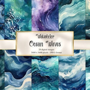 Watercolor Ocean Waves Digital Paper - watercolor printable instant download printable scrapbook paper for commercial use