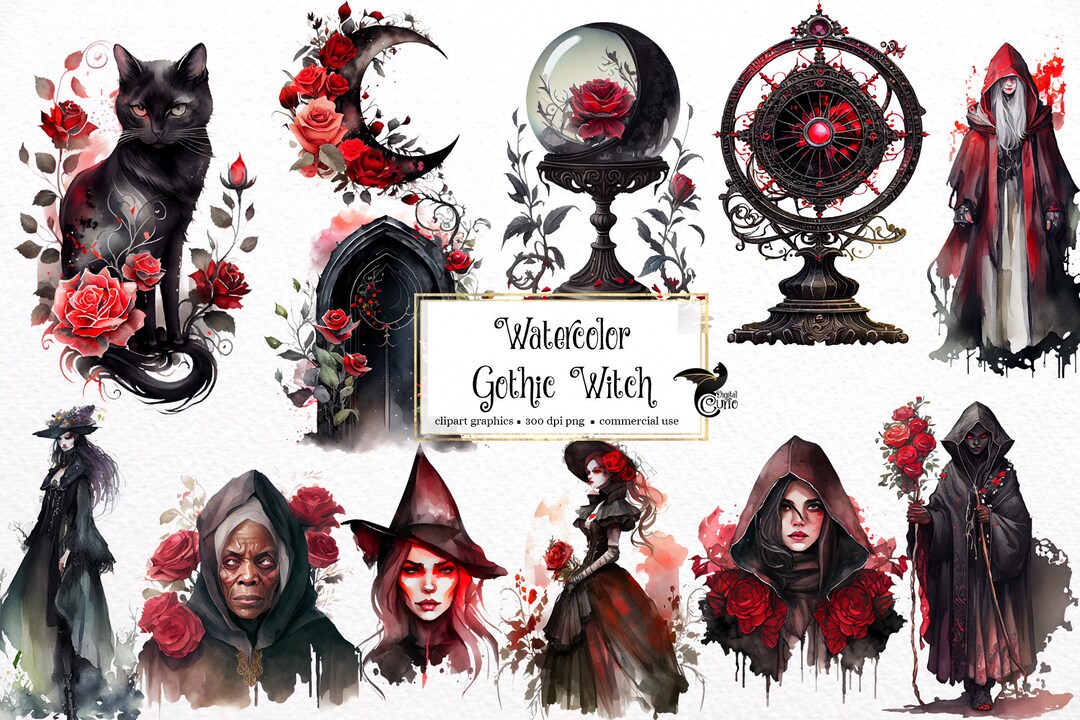 Watercolor Gothic Witch Clipart Dark Fantasy Watercolor - Etsy