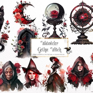Watercolor Gothic Witch Clipart - dark fantasy watercolor occult PNG format instant download for commercial use