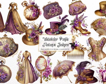 Watercolor Purple Antique Fashion Clipart - vintage shabby PNG format instant download for commercial use