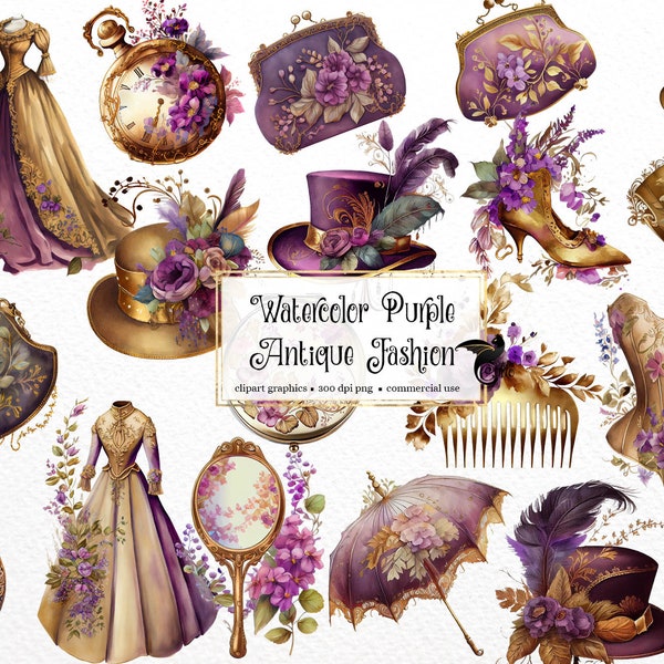 Watercolor Purple Antique Fashion Clipart - vintage shabby PNG format instant download for commercial use