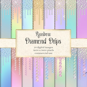 Rainbow Diamond Drips Digital Paper, ombre backgrounds with sparkle frosting drips unicorn printable scrapbook paper