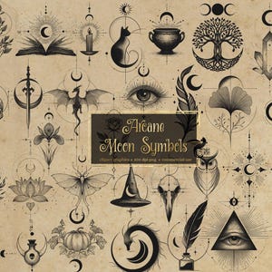 May include: A collection of black and white illustrations of mystical symbols, including moons, eyes, crystals, and a dragon, arranged on a beige background. The text "Arcane Moon Symbols" is displayed in a gold-colored rectangle. The overall theme is related to witchcraft and the occult.