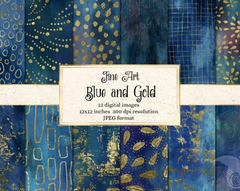 Fine Art Blue and Gold Textures - painted digital backgrounds for instant download commercial use