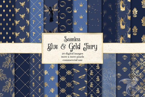 Blue and Gold Fairy Digital Paper Seamless Textures With Gold | Etsy