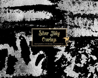 May include: Silver flake overlays, a digital graphic design resource for commercial use. The image shows a black background with silver flakes scattered across the surface.