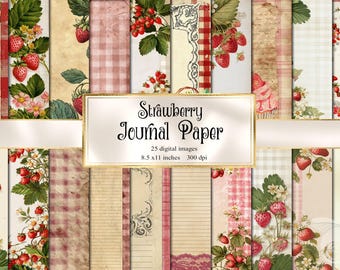 Imprimibles de diario vintage de fresas (8,5 x 11 pulgadas), páginas de diario basura estilo cottagecore, encaje vichy rosa y beige.