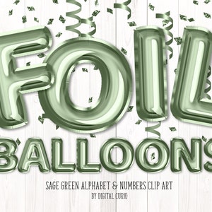 Sage Green Foil Balloon Alphabet Clip Art - gráficos digitales de descarga instantánea en formato PNG para diseños de fiesta de celebración de uso comercial