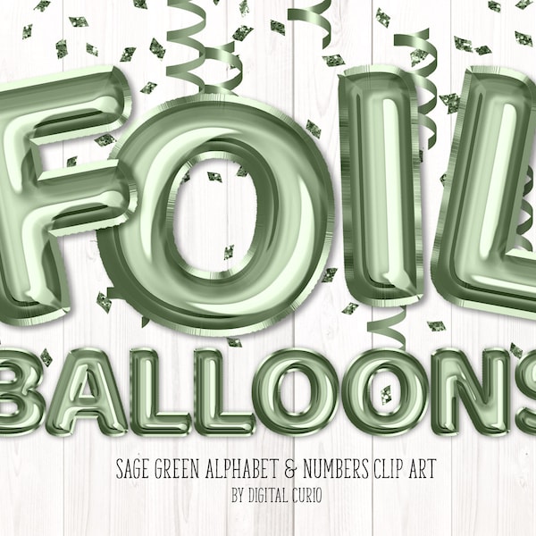 Sage Green Foil Balloon Alphabet Clip Art - digital instant download graphics in PNG format for commercial use celebration party designs