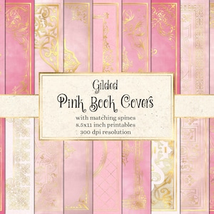 Gilded Pink Book Covers, printable decorative gilded book covers 8.5 x 11 instant download digital sheets for commercial use
