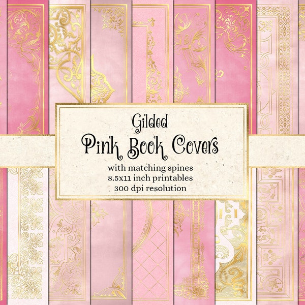 Gilded Pink Book Covers, printable decorative gilded book covers 8.5 x 11 instant download digital sheets for commercial use