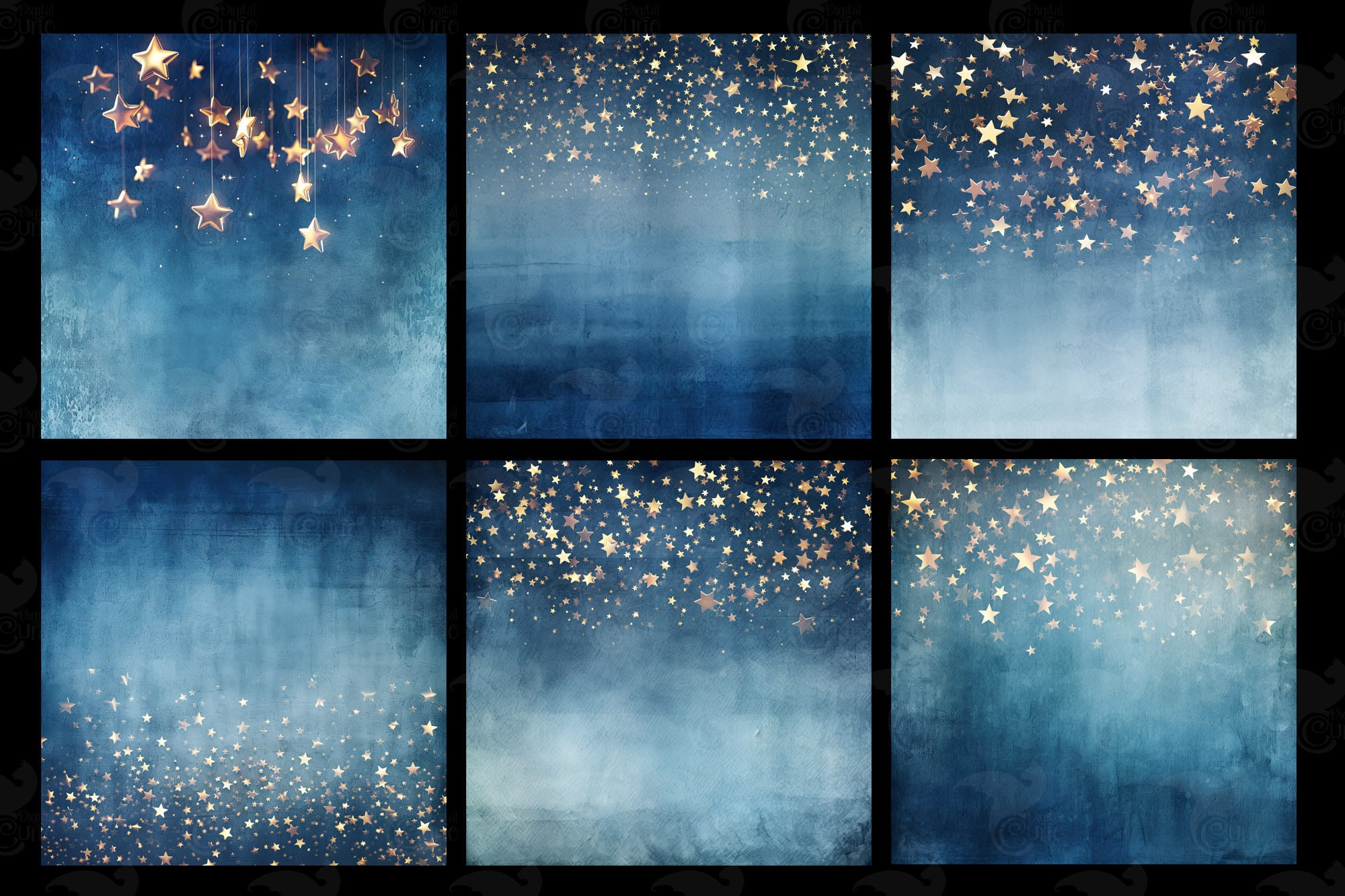 Blue Grunge Stars Digital Paper, Golden Starry Night Texture (digital ...
