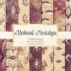Mermaid Nostalgia Digital Paper, vintage mermaid digital paper printable scrapbook paper antique seamless patterns instant download