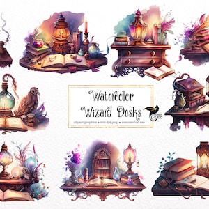 May include: A set of 8 watercolor illustrations of wizard desks with books, candles, potions, and other magical items. The desks are all different styles and have a whimsical, magical feel.