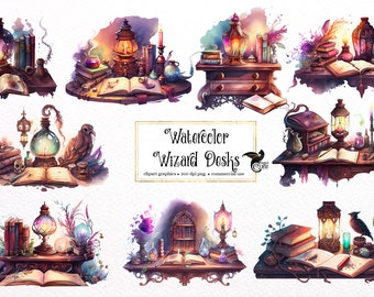 Ilustração em aquarela de uma mesa de mago – Magia Fantástica PNG (Uso Comercial)