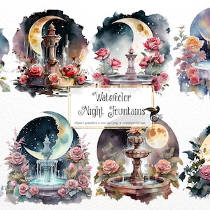 Watercolor Night Fountains Clipart - park fountain PNG format instant download for commercial use