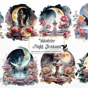 Watercolor Night Fountains Clipart - park fountain PNG format instant download for commercial use