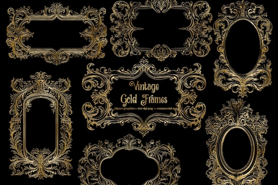 Vintage Gold Frames Clipart – Ornamental Frame Graphics (PNG Digital Download)