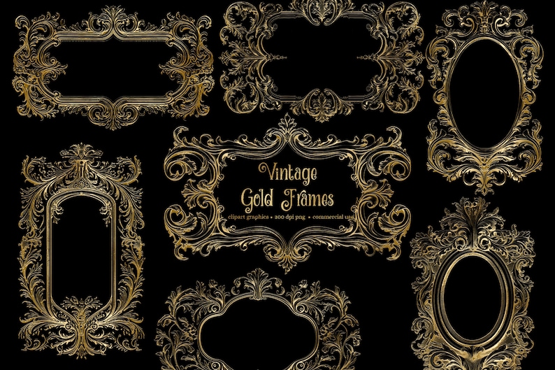 May include: Set of six vintage gold ornate frames with intricate details. The frames are in a variety of shapes and sizes, and they would be perfect for adding a touch of elegance to any project.