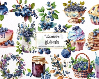 May include: Watercolor illustrations of blueberries in various settings, including a jar of jam, a cupcake, a cheesecake, a basket of blueberries, a muffin, pancakes, and a glass of blueberry smoothie. The text "Watercolor Blueberries" is included in the image.