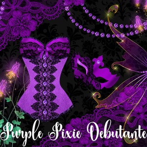 May include: Purple and black lace corset with a jeweled design, a purple and black lace mask, and a pair of purple and gold fairy wings. The background is black with a purple and black lace pattern.