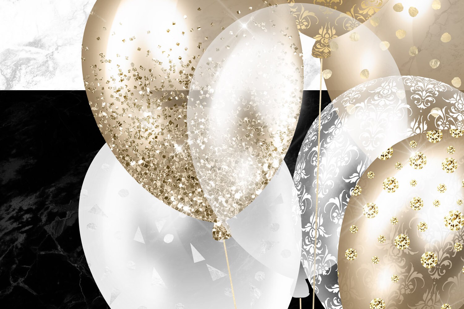 White and Gold Balloons Clipart gold glitter and foil | Etsy