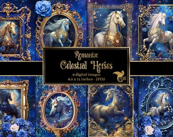 Può includere: Un collage digitale di otto immagini con cavalli bianchi con dettagli dorati e sfondi blu. I cavalli sono raffigurati in cornici dorate ornate su uno sfondo di cielo stellato. Il titolo "Romantic Celestial Horses" è visualizzato su uno stendardo nero.