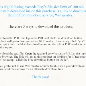K&ouml;nnte beinhalten: Anleitung zum Herunterladen eines digitalen Produkts &uuml;ber WeTransfer, aufgrund der Gr&ouml;&szlig;enbeschr&auml;nkungen von Etsy. Drei Download-Methoden werden detailliert: PDF, Textdatei und Kontaktaufnahme mit dem Verk&auml;ufer f&uuml;r einen alternativen Link.