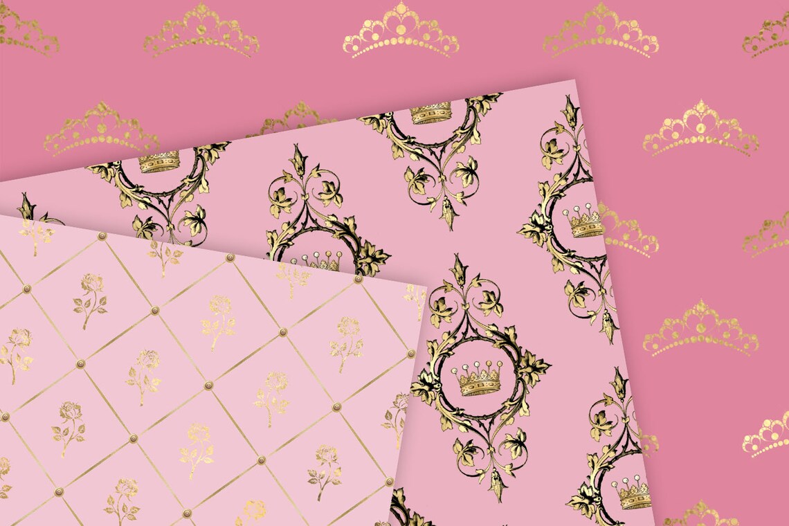 Pink and Gold Princess Digital Paper, Seamless Scrapbook Patterns ...