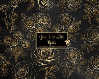 Gold Line Art Roses Clip Art - antique style line art floral illustrations in PNG format, instant download for commercial use