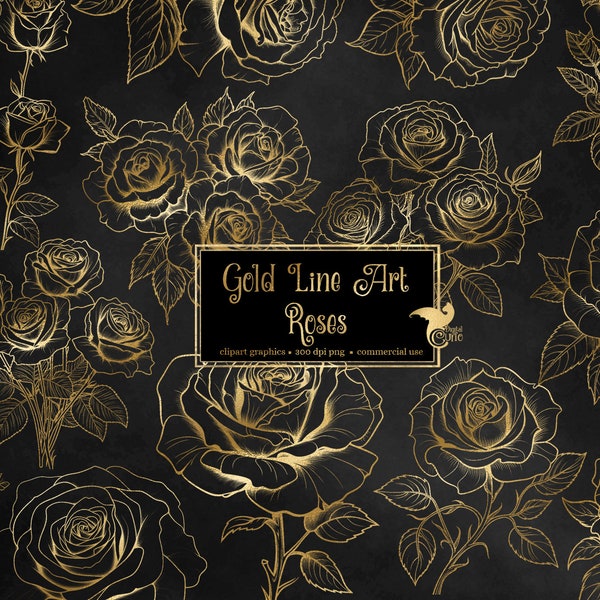 Gold Line Art Roses Clip Art - antique style line art floral illustrations in PNG format, instant download for commercial use