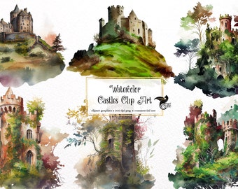 Aquarel kasteel clipart-fantasie landschap (digitale png-download)