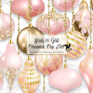 Blush and Gold Christmas Ornaments Clipart, pink digital glitter Christmas ball ornament clip art in png format for commercial use