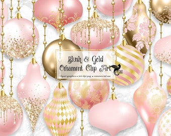 Blush Pink Christmas Ornaments Clipart, Gold Glitter Baubles (Digital Download)