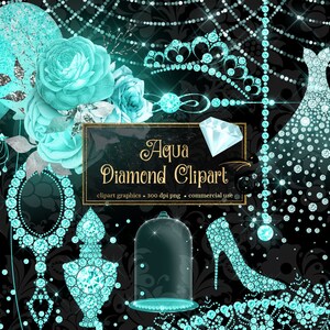 May include: Aqua Diamond Clipart digital graphics set featuring a variety of blue diamond-shaped designs, including a crown, a dress, a shoe, a perfume bottle, a mirror, a chandelier, and a glass. The graphics are 300 dpi png and for commercial use.
