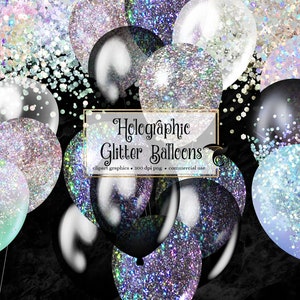 Holografische Glitzer Luftballons Clipart - Regenbogen Party Clip Art Ballons in einzeln und Bündel druckbare kommerzielle Nutzung sofortiger Download