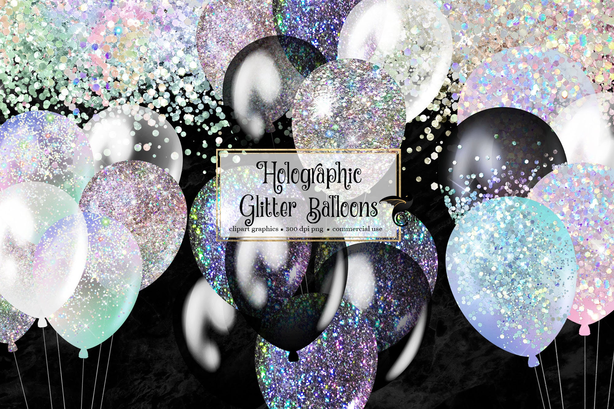 Holographic Glitter Balloons Clipart Rainbow Party Clip Art - Etsy