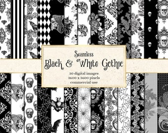 Seamless Black and White Gothic digital paper, skull damask Halloween scrapbook paper, printable distressed grunge texture, goth backgrounds