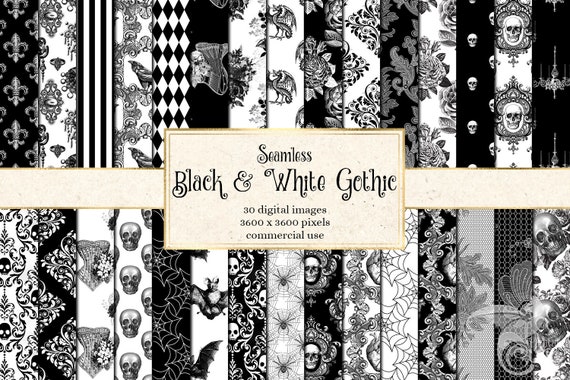 Seamless Black and White Gothic Digital Paper, Skull Damask
