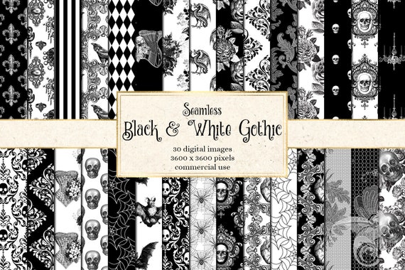 Seamless Black and White Gothic Digital Paper, Skull Damask Halloween  Scrapbook Paper, Printable Distressed Grunge Texture, Goth Backgrounds 